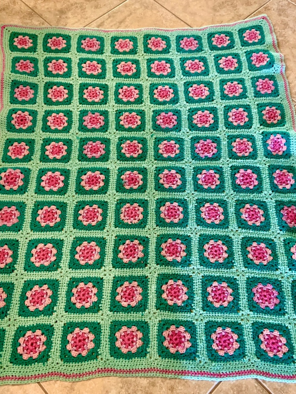 Vintage Handmade Crochet Granny Square Afghan Blanket Pink & Green 54"x45"